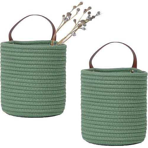 2pack Small Hanging Basket-Cotton Rope Wall Basket with Handle, Hanging Storage Baskets, Shelf Baskets Storage Bin Closet Organizer - 6.3" x 7", Woven Plant Basket (Green)