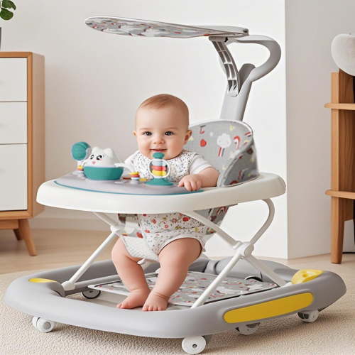 KFeng 4-in-1 Foldable Baby Walker with Toy Tray,3-Level Height Adjustable,Wheels,for Infants 6-24 Months (Grey)