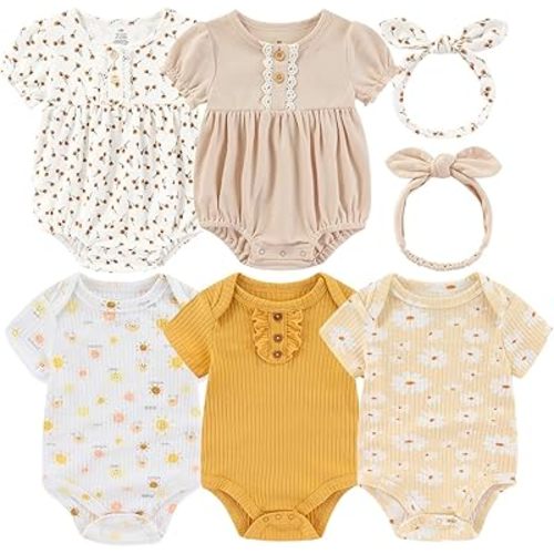 Baby Girls Boys Short Sleeve Outfit Romper With Headband Set Clothes New Born Cotton Bodysuits 5-Pack 0-12M