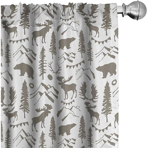 Ambesonne Northwoods Window Curtains, Forest Elements with Bear Moose Trees and Mountains Wildlife Nature Theme, Lightweight Decor 2-Panel Set with Rod Pocket, Pair of - 28" x 63", Taupe White