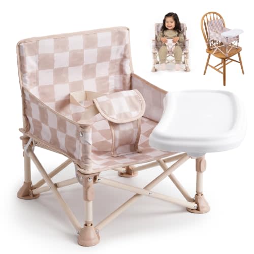 Tiny Marvels Baby Chair, Portable High Chair for Travel & Beach, Ages 6M-3Y | 3-in-1 Floor Seat, Travel High Chair, Booster Seat with Removable Tray, Indoor/Outdoor, Harness, Carry Bag, Sand Checker
