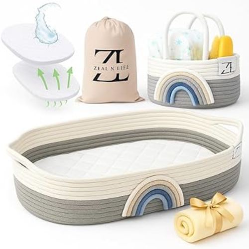 ZEAL’N Life™ Handcrafted Baby Changing Basket 5 in 1, Soft Baby Blanket, Waterproof Changing Pad & Caddy Basket, Elegant Gift for Newborn & Nursery, Moses Basket for Newborns, Changing Pad