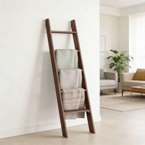 LEDREM Blanket Ladder for the Living Room, 5-Tier Ladder Shelf, Ladder Rack for Storage and Decor, Maroon Brown