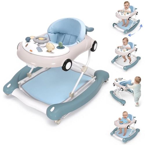 Baby Walker, 5-in-1 Baby Walker for Boys and Girls with Bouncer, Removable Footrest, Music, Foldable & Adjustable Speed Wheels Activity Walker for 6-18 Months Toddler Infant(Haze Blue)