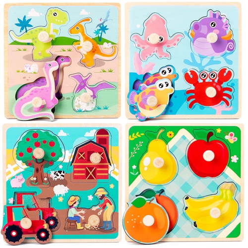 Sytle-Carry Wooden Peg Puzzles for Toddlers, 4 Montessori Educational Sets, Dinosaur, Farm, Sea Animal, Fruit