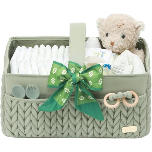Luxurious Baby Diaper Caddy, Nursery Storage Basket for Newborn Essentials, Travel Baby Basket for Diapers Baby Wipes, Organizer Tote Bag Storage Bin, Baby Shower Gifts(Sage Green)