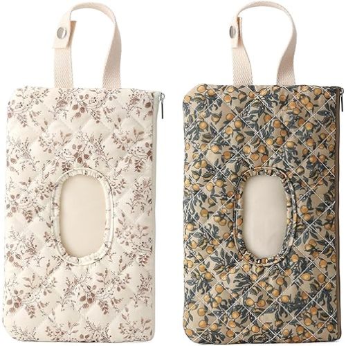 Quilted Baby Wipe Holder Quilted Wipe Pouch Portable Hanging Floral Wet Wipes Bag for Car, Stroller
