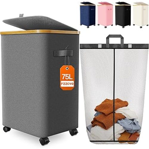 Laundry Hamper with Wheels, 75L Large Clothes Hamper with Removable Inner Bag, Collapsible Dirty Clothes Basket for Dorm, Rolling Dirty Clothes Basket for, Bedroom, Bathroom, Laundry Room