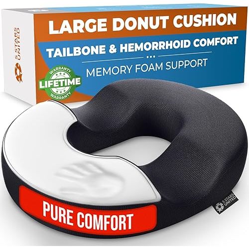 5 STARS UNITED Donut Pillow Hemorrhoid Tailbone Cushion – Large Cushion for Pain Relief – Coccyx, Prostate, Sciatica, Pelvic Floor, Pressure Sores, Pregnancy, Postpartum Recovery, Black