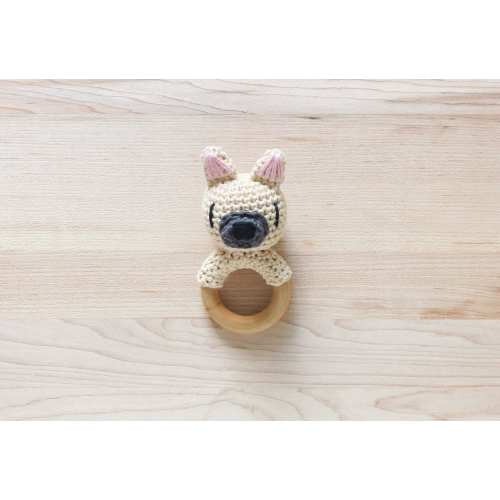 Crochet French Bulldog Assorted Colors Rattle Wooden Teether – baby toy, handmade to order