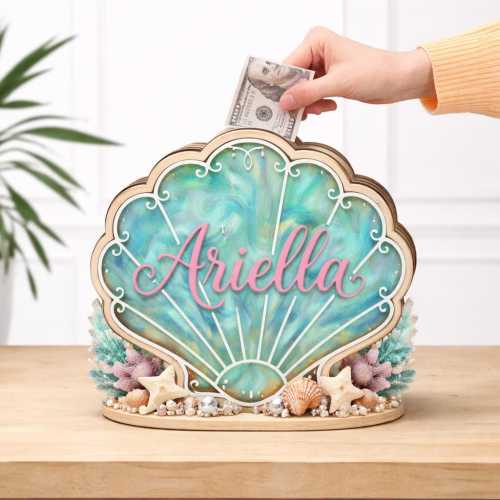 Personalized Shell Piggy Bank, Custom Mermaid Nursery Decor, Iridescent Wooden Money Box, Toddler Girl Birthday Gift, Under the Sea Decor