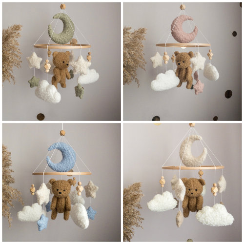 Boucle Baby Mobile with Teddy Bear for Baby Nursery, Neutral gender mobile, Moon and Cloud Mobile, Neutral nursery mobile, Newborn baby gift