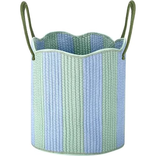 Domensi Striped Coiled Rope Basket with Handles Scalloped Woven Storage Basket Green Blue Decorative Organizer for Blanket Laundry Nursery Playroom Bedroom, 14" H x 12" W x 12" D