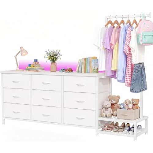 Romorgniz 9-Drawer White Dresser with Extendable Hanging Rack & LED Lights