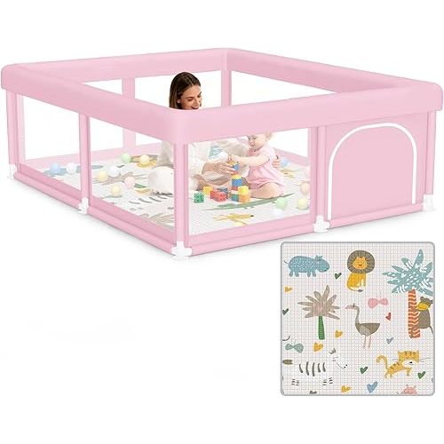 Large Baby Playpen with Mat 50"x50" Baby Girl Play Pen for Babies and Toddlers, Safe Structure and Soft, Skin-Friendly Fabric with Zipper Gates Pink