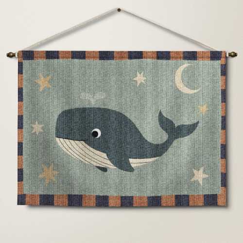 Whale Nursery Tapestry, Dreamy Ocean Woven Wall Hanging, Baby Room Art