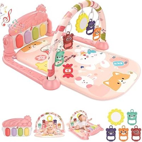 dearlomum Baby Play Gym Mat with 4-Key Musical Piano, Lights, Sounds & Hanging Toys for Tummy Time and Sensory Development, Infants to Toddlers (Pink Animal Theme)