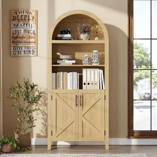 63'' Arched Bookcase with 2 Cross Decor Doors, Farmhouse Pantry Storage Cabinet with Open Display Shelf, for Kitchen, Dining, Living Room, Natural