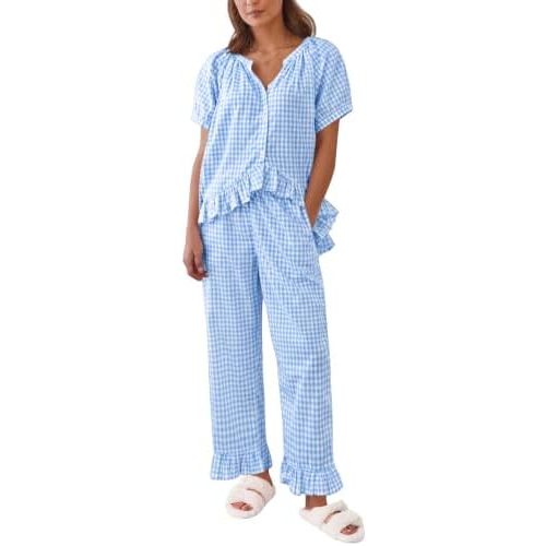 SWOMOG 100% Cotton Pajamas for Women Set 2 PCS Puff Sleeve Stripe Shirt Ruffle Pants Button Down Plaid Pjs bydoll Lounge Set