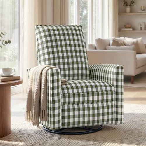 KISLOT Swivel Rocking Recliner Chair, Manual Nursery Glider, Green Plaid