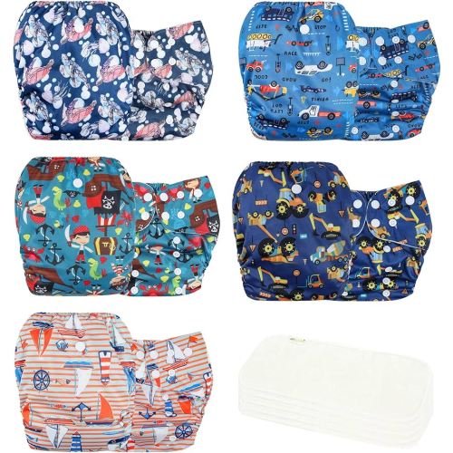 wegreeco Cloth Diapers 5 Pack with 5 Inserts, Washable Cloth Diapers for Babies, One Size Adjustable Reusable (Boy Car & Sail)