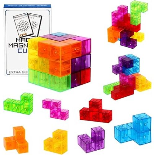 Magnetic Building Blocks 3D Puzzle Cubes - Set of 7 Multi Shapes With 54 Guide Cards, Intelligence Developing and Stress Relief Fidget Toys