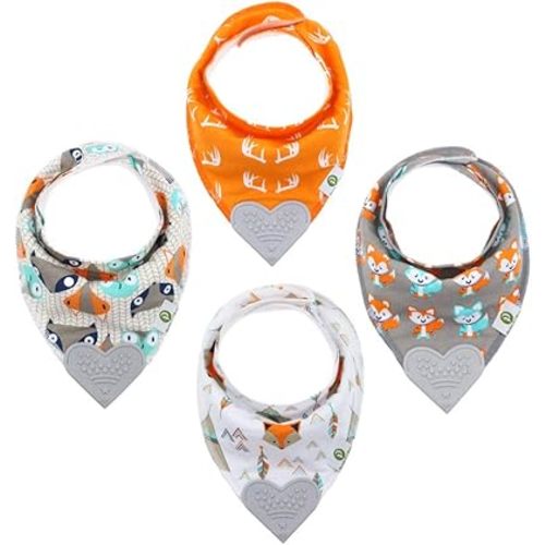 Pickle & Olive Baby Bandana Teething Bibs with Attached Teether - Set Of 4 - Orange Fox