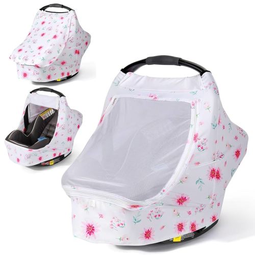 Orzbow Baby Car Seat Cover, Breathable Car Seat Canopy for Girls Boys with Mesh Window, Lightweight Baby Carrier Cover for Wind, Dust, Sun and Insects Protection, Universal Fit, Pink