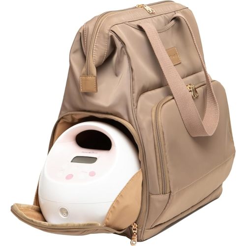 Sarah Wells Norah Breast Pump Backpack for Work & Travel – Insulated Milk Storage, Laptop Sleeve, Stylish Diaper Bag Alternative with Wide-Open Frame – Hands-Free Pumping Bag (Latte)