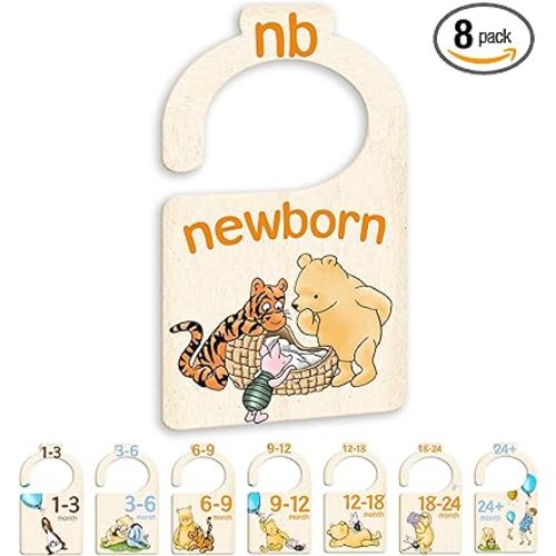 JMOST Pooh Bear Baby Closet Dividers for Nursery Closet Organizer, Newborn to 24 Months Size Clothes, Bear Hangers with Size Dividers, Double Sided
