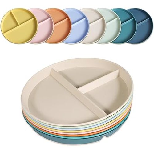 Divided Plates for Adults (8 Packs), Unbreakable Portion Control Plate Sectioned with Dividers, 9 Inch Plastic Food Separator Dinner Plates Lightweight Compartment BPA Free Reusable Microwave Safe