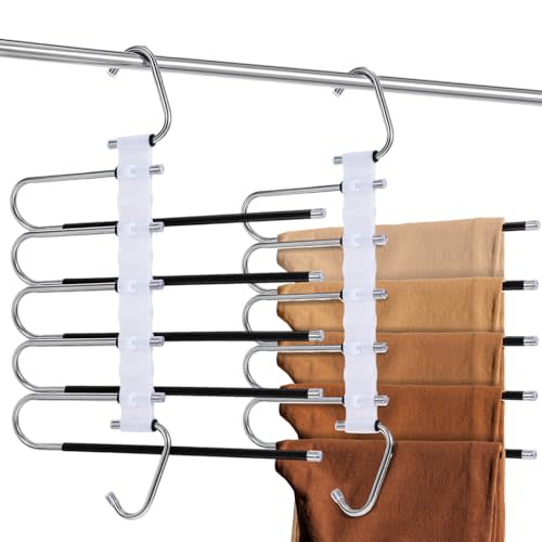 Kifmurase 4 Pack Pants Hangers Space Saving, Stainless Steel Closet Organizer Non Slip 5 Tier Metal Closet Storage Organizer for Pants Trousers Jeans Skirts Leggings Scarf