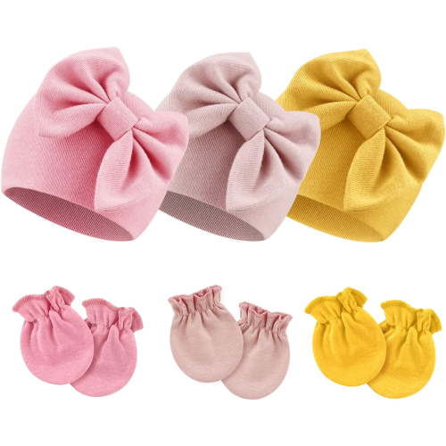 Newborn Baby Hats and Mittens Set Infant Bow Beanie Cap Toddler Gloves Newborn Hospital Hats for Baby Boy Girl Kid 0-6 Months