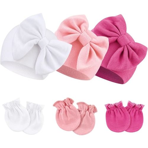 BQUBO Newborn Baby Hospital Hats Beanie Bow Infant Caps Baby Cotton No Scratch Mittens Set for 0-6 Months