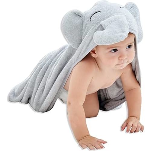 HIPHOP PANDA Hooded Towel - Rayon Made from Bamboo, Bath Towel with Bear Ears for Newborn, Babie, Toddler, Infant - Absorbent Large Baby Towel - Grey Elephant, 30 x 40 Inch