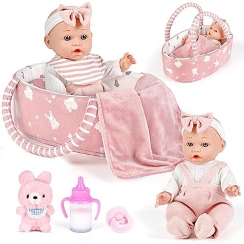 Dreamon 12'' Baby Doll Playset with Carrier Bassinet Bed, 11PCS Baby Doll Accessories Includes Pacifier, Blanket, Pillow, Diaper, Pretend Play Set Baby Doll Care Toys Gifts for Kids Girls
