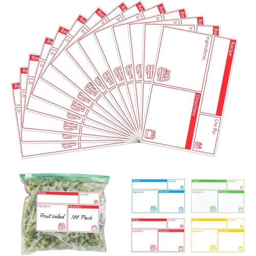 100pcs Labels for Freezer Bags Freezer Meal Labels with Instructions 3.2 X 5 inch Oil and Water Resistant Labels Food Labels for Freezer Storage for Leftovers in Fridge Removable Freezer (Red)
