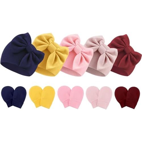 Newborn Baby Hats and Mittens Set Infant Bow Beanie Cap Toddler Gloves Newborn Hospital Hats for Baby Boy Girl 0-6 Months