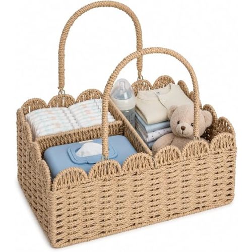 Large Wicker Diaper Caddy Organizer, Scalloped Nursery Basket for Changing Table, Woven Rope Baby Holder with Removable Divider, Portable Organizer for Diapers Wipes Clothes Toys & Essentials (Khaki)