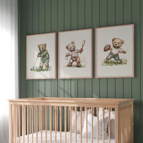 Vintage Sport Boy Nursery Art ∙ Set of 3 Teddy Bear Prints ∙ Golf, Football, Baseball ∙ 1232