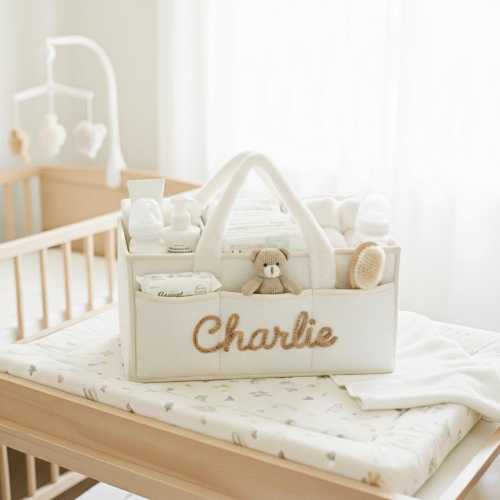 Personalized Sherpa Baby Caddy Organizer, Custom Name Embroidered Diaper Caddy, Boucle Nursery Storage Bag, Baby Shower Gift, New Mom Gift