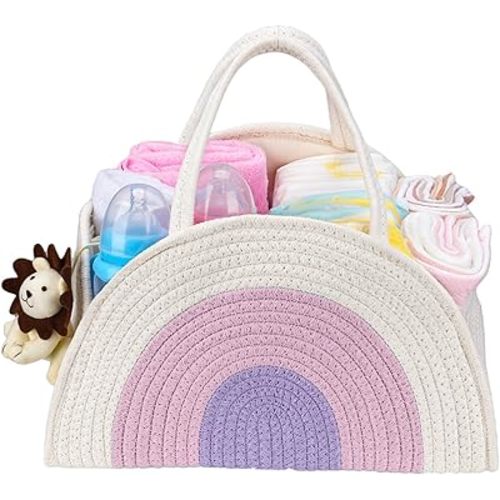 Baby Diaper Caddy- With Removable Dividers, Nursery Storage Bin and Car Organizer,Boy & Girl Shower Gift Basket,Portable Organizer,Nursery Essentials-Rainbow Purple