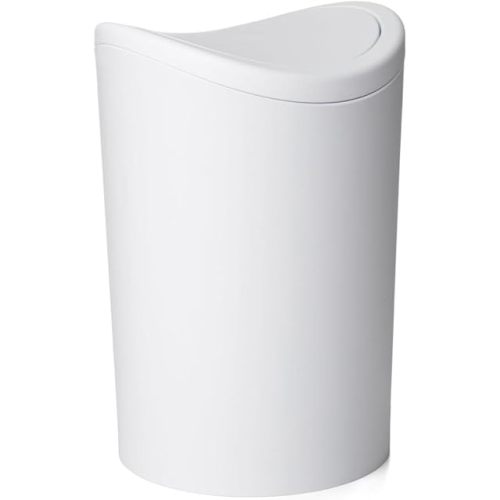 Superio MIni Bathroom Trash Can with Lid, Modern White Mini Waste Bin with Swing Lid (1 1/2 Gallon, 6 Liter) Plastic Garbage Can for Kitchen, Bathroom, Bedroom, Office, Under Desk (1, White)
