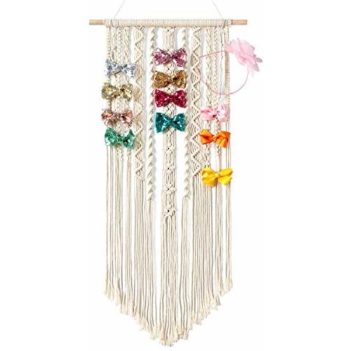 Mkono Macrame Bow Holder Hanging Hair Bow Organizer for Girls Hair Bows,Boho Wall Hair Clips Headband Storage Hanger for Baby Toddler Girls Room, Ivory (Clips and Other Props Not Included)