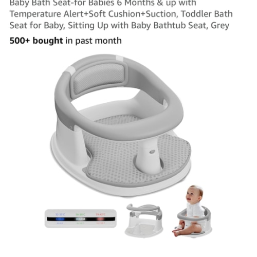 Baby Bath Seat-for Babies 6 Months & up with Temperature Alert+Soft Cushion+Suction, Toddler Bath Seat for Baby, Sitting Up with Baby Bathtub Seat, Grey
