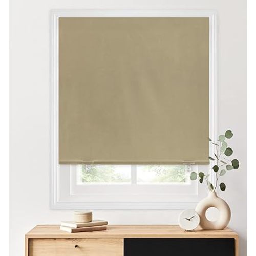 LazBlinds 100% Blackout Roller Shades, No Tools No Drill Cordless Blinds for Windows, Thermal Insulated UV Protection Privacy Window Shades for Bedroom (48''W x 72''H, Beige)