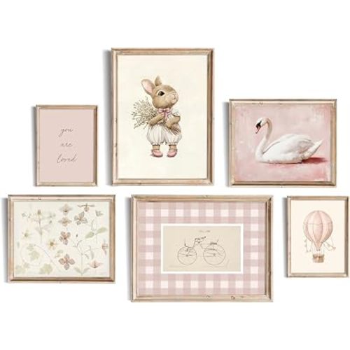 RETRART Pink Nursery Girl Wall Art Vintage Floral Pink Wall Decor Set for Baby Girls' Nursery & Kids' Room, Cute Animal Rabbit Swan Flowers - 6 Unframed Canvas Prints (5x7, 8x10, 11x14)