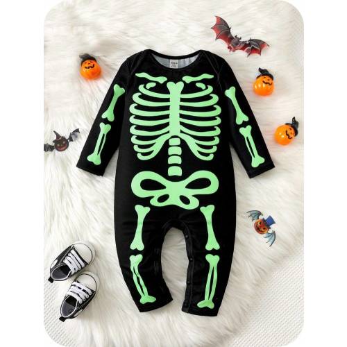SHEIN Baby Boy Christmas Skeleton Reflective Print Casual Jumpsuit, Suitable For Autumn & Winter Halloween Clothes Baby Halloween Baby Skeleton Halloween Baby Outfit Halloween Jumpsuit For Baby Boys Baby Skeleton Halloween Skull Baby Clothes Halloween Bab