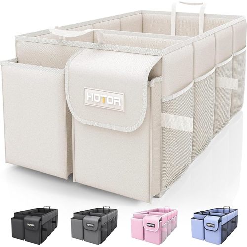HOTOR Trunk Organizer - Foldable Car Organizer for SUVs & Sedans Storage | Sturdy Car Organization for Men & Women, Car Accessories, Tools, Sundries, Beige, 2 Compartments, 21.3" x 12.6" x 10.6"