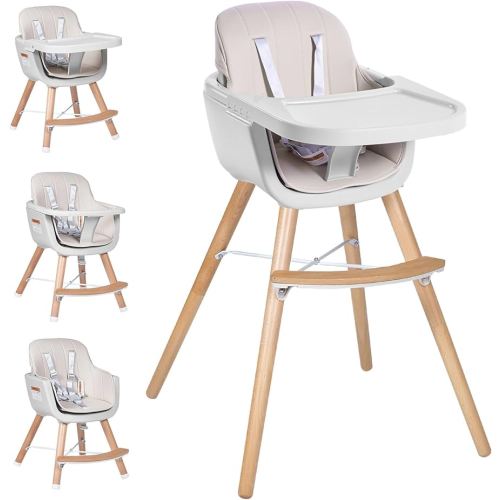 High Chairs for Babies and Toddlers,3 in 1 Convertible Wooden highchair, Baby High Chair with Adjustable Legs,5 Point Harness, Footrest, Dishwasher-Safe Tray & PU Leather Cushion, Beige